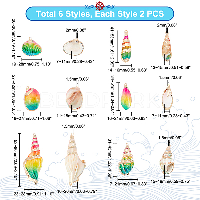 12Pcs 6 Styles Electroplated Natural Mixed Shell Big Pendants SSHEL-GA0001-06-1