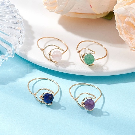 4Pcs 4 Styles Moon Natural Green Aventurine & Rose Quartz & Amethyst & Lapis Lazuli Finger Rings RJEW-JR00799-02-1