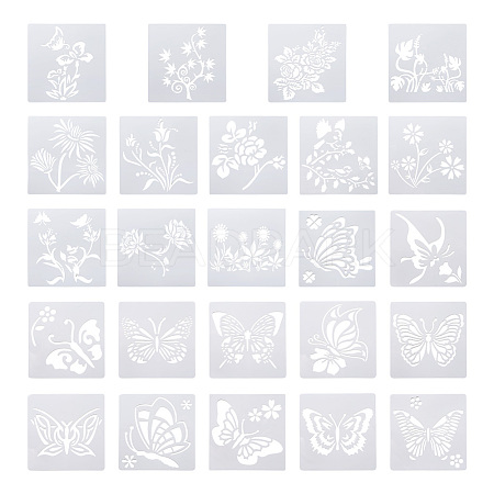 2Sets Square with Floral & Butterfly Pattern PET Drawing Stencil DIY-CW0001-12-1