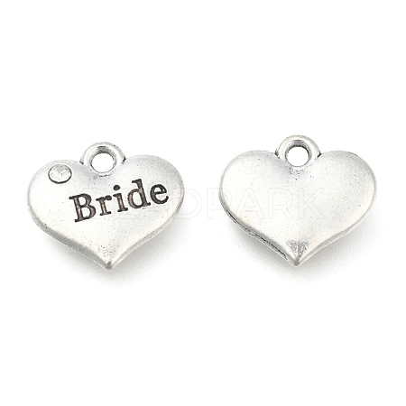 Wedding Theme Antique Silver Tone Tibetan Style Heart with Bride Rhinestone Charms X-TIBEP-N005-12E-1