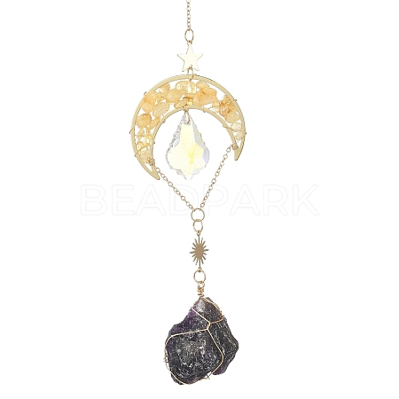 Natural Citrine Chips & Brass Moon Suncatchers HJEW-JM05018-02-1