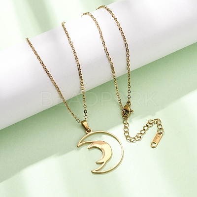 304 Stainless Steel Double Hollow Moon Pendant Cable Chain Necklaces for Men Women NJEW-K308-01E-G-1