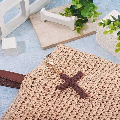 Cotton Cord Cross Keychains AJEW-TAC0031-03B-1