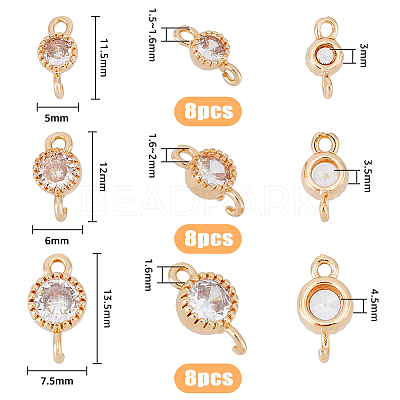 24Pcs 3 Styles Brass Pave Clear Cubic Zirconia Connector Charms KK-FH0006-33-1