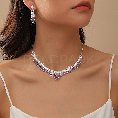 Alloy Rhinestone Teardrop Tassel Necklaces & Stud Earrings Sets FS-WG9D3B7-01-1