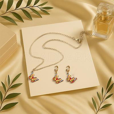 3 Colors Butterfly Alloy Enamel Pendant Necklace & Hoop Earring Sets SJEW-HY0001-03-1