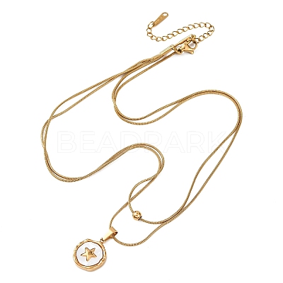 304 Stainless Steel with Natural White Shell Square Disc Pendant Double Layer Necklaces NJEW-K300-06C-G-1
