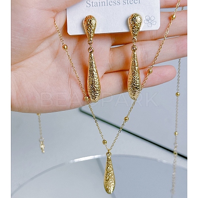 Teardrop 304 Stainless Steel Pendant Necklaces & Stud Dangle Earrings Sets FS-WGBFCD6-02-1