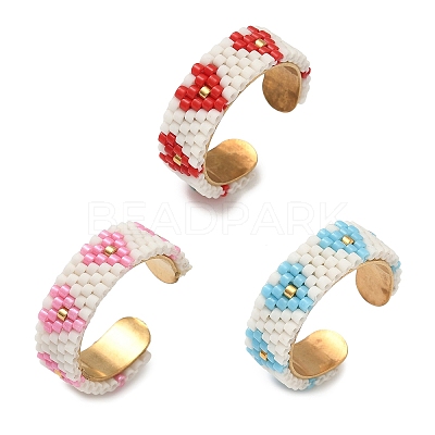 Glass Beads with 304 Stainless Steel Cuff Rings RJEW-MZ00031-1
