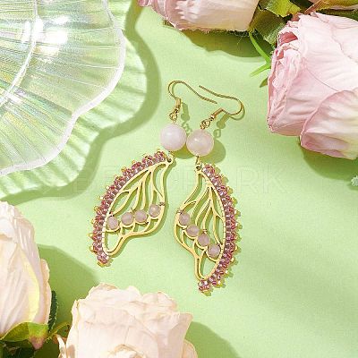 Butterfly Wing Natural Rose Quartz & Seed Beads Dangle Earrings EJEW-MZ00165-1