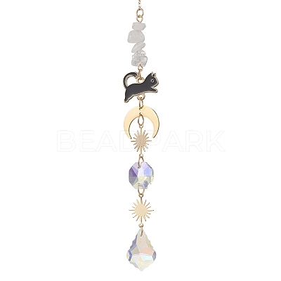 Leaf Glass & Natural Quartz Crystal Chips Beads Hanging Suncatchers HJEW-JM04607-1