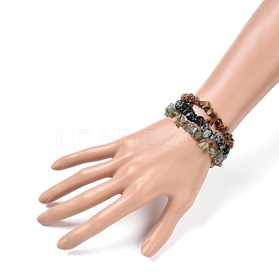Chips Natural Labradorite & Snowflake Obsidian & Tiger Eye Beaded Stretch Bracelets Sets X-BJEW-JB05332-05-1