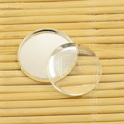 Brass Cabochons Settings and Flat Round Transparent Clear Glass Cabochons KK-X0009-S-RS-1