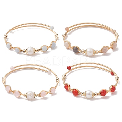 Natural Mixed Stone Round Beaded Cuff Bangle BJEW-JB10113-1