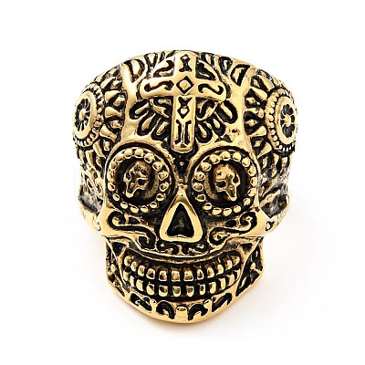 316 Stainless Steel Skull with Cross Finger Ring RJEW-C030-02B-AG-1