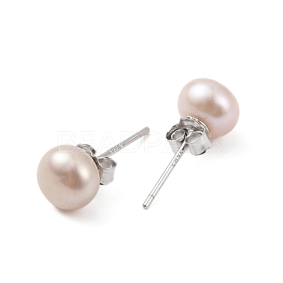 Natural Pearl Round Bead Stud Earrings EJEW-E298-01C-03P-1