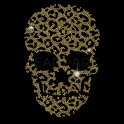 Leopard Print Skull Glass Hotfix Rhinestone DIY-WH0303-095-1