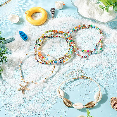 2 Bags Summer Beach Glass Seed Beaded & Natural Shell & Alloy Starfish Charm Anklet Sets AJEW-TA0003-69A-1