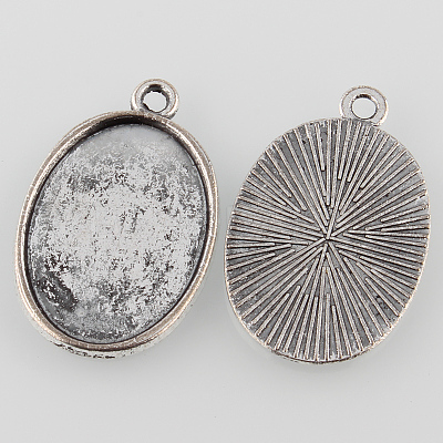Tibetan Style Antique Silver Alloy Flat Oval Pendant Cabochon Settings TIBEP-M022-37AS-1