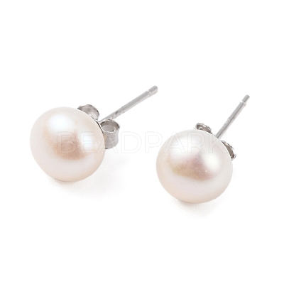 Natural Pearl Round Bead Stud Earrings EJEW-E298-01D-01P-1