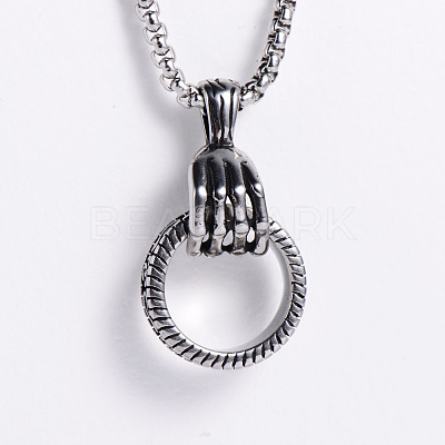 304 Stainless Steel Skeleton Hand Holding Ring Pendant Necklaces for Men IJ7067-1