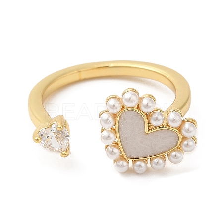 Cubic Zirconia Heart Open Cuff Ring with ABS Plastic Pearl Beaded RJEW-M148-05G-1