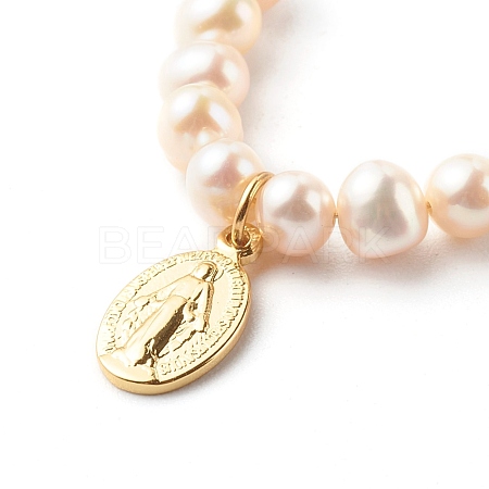 Oval with Virgin Mary & Natural Pearl Beads Pendant Necklaces NJEW-JN03625-01-1