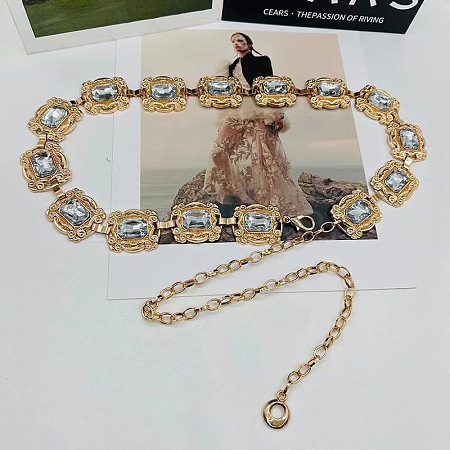 Alloy Pave Clear Glass & Iron Rectangle Link Chain Waist Chain Belts for Women FS-WG548FE-05-1