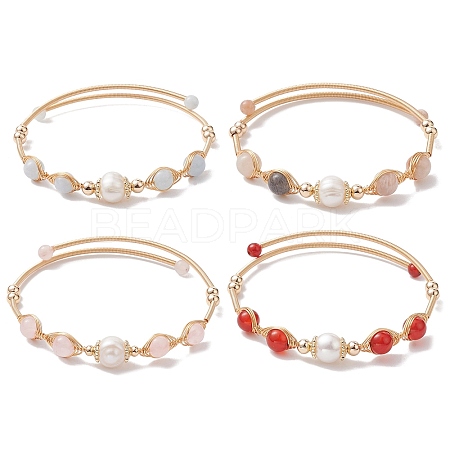 Natural Mixed Stone Round Beaded Cuff Bangle BJEW-JB10113-1