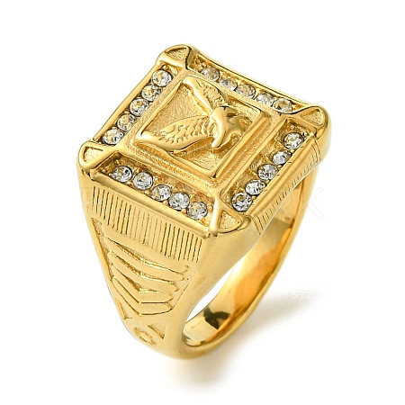 Ion Plating(IP) Square with Bird 304 Stainless Steel Rhinestone Signet Rings RJEW-Q815-04G-M-1