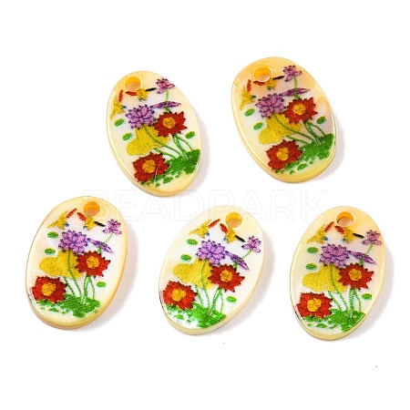 Natural Freshwater Shell Double Face Printed Oval Charms SHEL-T020-05F-1