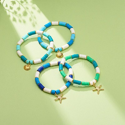 4Pcs 4 Style Handmade Polymer Clay Heishi Surfer Stretch Bracelets Set BJEW-JB08638-1