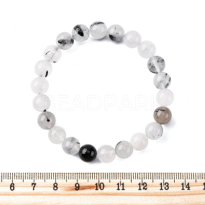 Natural Tourmalinated Quartz Round Beaded Stretch Bracelets for Men Women BJEW-G743-01C-1