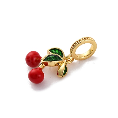 Brass Enamel Red Cherry European Dangle Charms KK-F894-06G-1