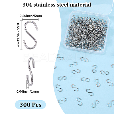 300Pcs 304 Stainless Steel S-Hook Findings STAS-SP0002-14-1