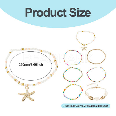 2 Bags Summer Beach Glass Seed Beaded & Natural Shell & Alloy Starfish Charm Anklet Sets AJEW-TA0003-69A-1
