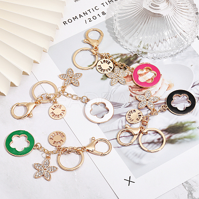 4Pcs 4 Colors Rhinestone Enamel Flower Pendant Keychain with AlloyCharm KEYC-GL0001-08-1