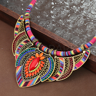 Bohemian Style Colorful Flower Alloy Coral Rhinestone & Polyester Cord Pendant Bib Necklaces for Women FS-WG73F41-01-1
