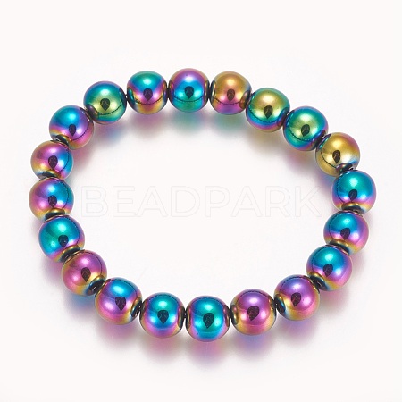 Electroplated Non-magnetic Synthetic Hematite Beaded Stretch Bracelet BJEW-P215-01-10mm-1