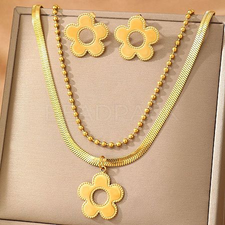 304 Stainless Steel Flower Pendant Necklaces & Ball Chain Necklaces & Stud Earrings Sets for Women SJEW-F225-04G-1