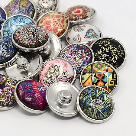 Platinum Plated Brass Glass Flat Round with Abstraction Painting Jewelry Snap Buttons X-SNAP-M023-B-M-1