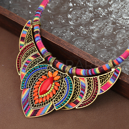 Bohemian Style Colorful Flower Alloy Coral Rhinestone & Polyester Cord Pendant Bib Necklaces for Women FS-WG73F41-01-1