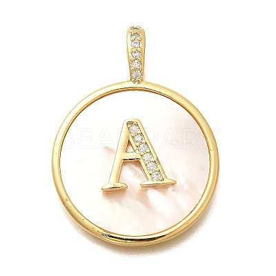 Rack Plating Brass Micro Pave Clear Cubic Zirconia Pendants with Shell KK-M309-41G-1