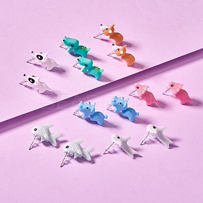 7Pair 7 Style Cute Animal Resin Stud Earrings EJEW-SZ0001-59-1