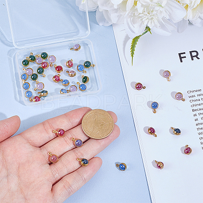 40Pcs 4 Colors 304 Stainless Steel Wrapped Dyed Natural Quartz Round Charms STAS-UN0063-75-1