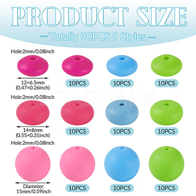 90Pcs 9 Styles Round Silicone Focal Beads SIL-TA0003-56-1