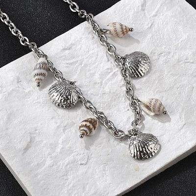 Summer Beach 304 Stainless Steel & Shell Pendant Necklaces NJEW-Z061-09P-1
