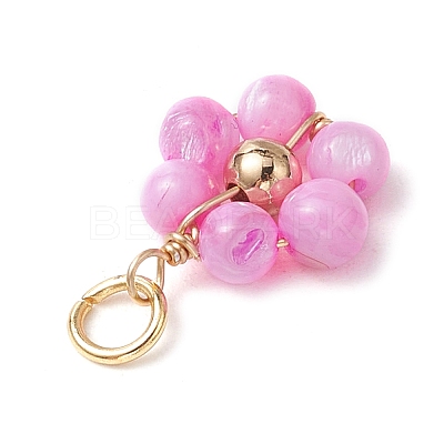 Dyed Natural Shell & Brass Round Beaded Flower Pendants PALLOY-JF03462-1