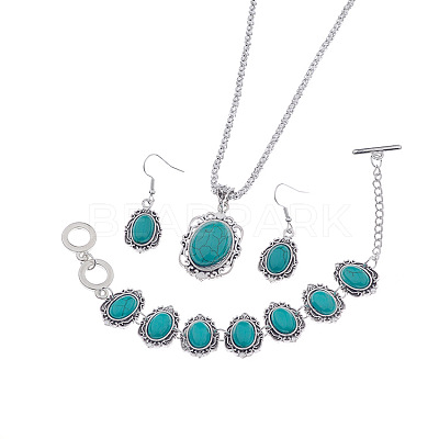 Bohemian Style Oval Synthetic Turquoise Pendant Necklace & Dangle Earrings & Link Bracelets FS-WGA6DB3-01-1