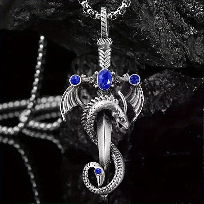 Alloy & 201 Stainless Steel & Rhinestone Dinosaur Wrapped Sword Pendant Necklaces for Men FS-WGFE8C1-06-1